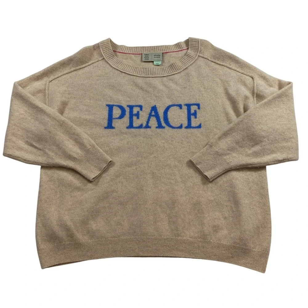 Saturday Sunday Anthropologie Peace Graphic Knit Sweater Tan‎ Blue Size L